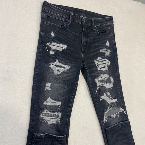 American Eagle Next Level Airflex Stacked Skinny Jeans Mens 32x35 Black Distress - Picture 1 of 12